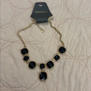 Monet New Gold Tone black faceted Necklace